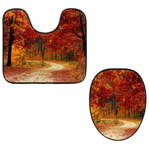 VAPOKF 2-teiliges WC-Vorleger-Set, U-förmige Konturmatte und WC-Deckelbezug, weich, rutschfest, Flanell-Badematte, WC-Sitzbezug – Herbst-Orange, Natur von VAPOKF