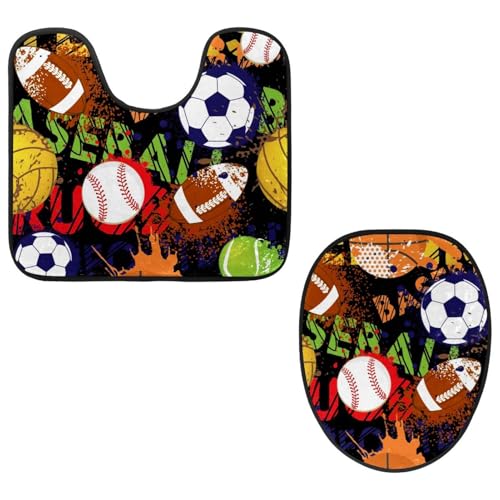 VAPOKF 2-teiliges WC-Vorleger-Set, U-förmige Konturmatte und WC-Deckelbezug, weich, rutschfest, Flanell-Badematte, WC-Sitzbezug – Sportbälle, Baseball, Basketball, Fußball, Fußball von VAPOKF