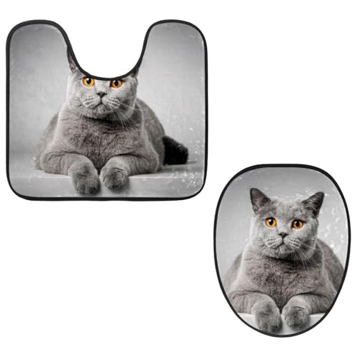 VAPOKF 2-teiliges WC-Vorleger-Set, U-förmige Konturmatte und WC-Deckelbezug, weiche rutschfeste Flanell-Badematte, WC-Sitzbezug – Katze liegt auf dem Tisch von VAPOKF