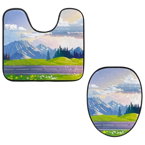 VAPOKF 2-teiliges WC-Vorleger-Set, U-förmige Konturmatte und WC-Deckelbezug, weicher, rutschfester Flanell-Badematte, WC-Sitzbezug – Berg, bunte Landschaft, Natur von VAPOKF