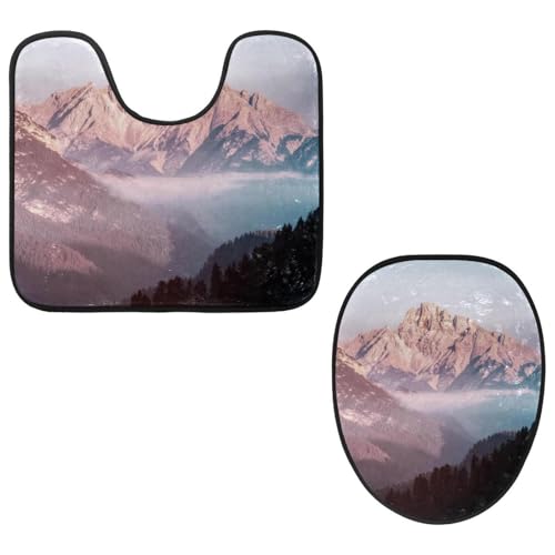 VAPOKF 2-teiliges WC-Vorleger-Set, U-förmige Konturmatte und WC-Deckelbezug, weicher, rutschfester Flanell-Badematte, WC-Sitzbezug – Berglandschaft, Natur von VAPOKF