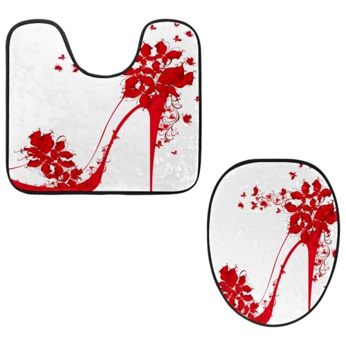 VAPOKF 2-teiliges WC-Vorleger-Set, U-förmige Konturmatte und WC-Deckelbezug, weicher, rutschfester Flanell-Badematte, WC-Sitzbezug – Blume, Schmetterling, rote High Heels von VAPOKF