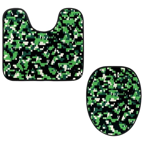 VAPOKF 2-teiliges WC-Vorleger-Set, U-förmige Konturmatte und WC-Deckelbezug, weicher, rutschfester Flanell-Badematte, WC-Sitzbezug – Camouflage-Grün, Militär von VAPOKF