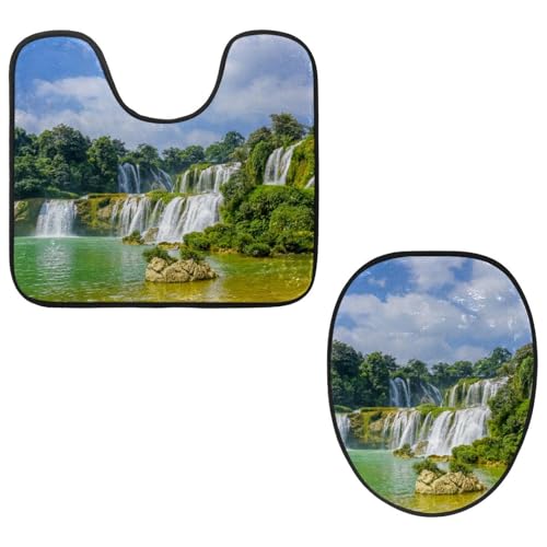 VAPOKF 2-teiliges WC-Vorleger-Set, U-förmige Konturmatte und WC-Deckelbezug, weicher, rutschfester Flanell-Badematte, WC-Sitzbezug – Natur Wasserfall Landschaft von VAPOKF