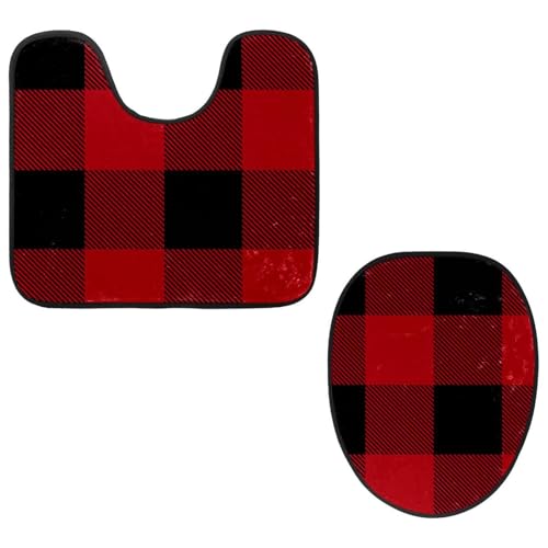 VAPOKF 2-teiliges WC-Vorleger-Set, U-förmige Konturmatte und WC-Deckelbezug, weicher, rutschfester Flanell-Badematte, WC-Sitzbezug – Schwarz Rot Big Buffalo Plaid Muster Klassisch von VAPOKF