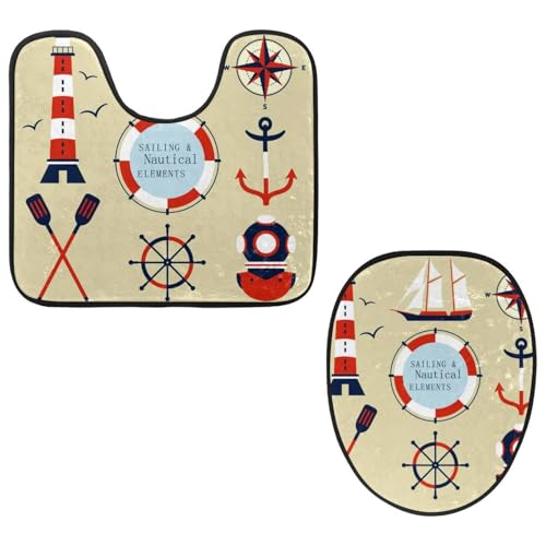 VAPOKF 2-teiliges WC-Vorleger-Set, U-förmige Konturmatte und WC-Deckelbezug, weicher, rutschfester Flanell-Badematte, WC-Sitzbezug – Segeln-nautischer Leuchtturm-Kompass von VAPOKF