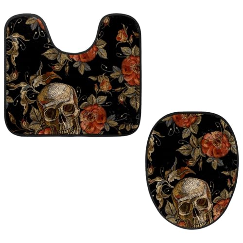 VAPOKF 2-teiliges WC-Vorleger-Set, U-förmige Konturmatte und WC-Deckelbezug, weicher, rutschfester Flanell-Badematte, WC-Sitzbezug – Stickerei mit Totenkopf-Rosen-Druck von VAPOKF