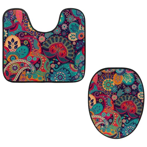 VAPOKF 2-teiliges WC-Vorleger-Set, U-förmige Konturmatte und WC-Deckelbezug, weicher, rutschfester Flanell-Badematte, WC-Sitzbezug – buntes Paisleymuster mit ethnischem Blumendruck von VAPOKF