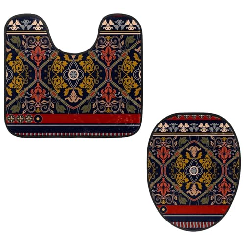 VAPOKF 2-teiliges WC-Vorleger-Set, U-förmige Konturmatte und WC-Deckelbezug, weicher, rutschfester Flanell-Badematte, WC-Sitzbezug – chinesischer Blumen-Ethink-Druck von VAPOKF