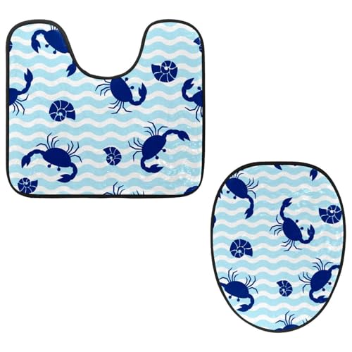 VAPOKF 2-teiliges WC-Vorleger-Set, U-förmige Konturmatte und WC-Deckelbezug, weicher, rutschfester Flanell-Badematte, WC-Sitzbezug – niedliche Krabbe, blaue gewellte Streifen von VAPOKF