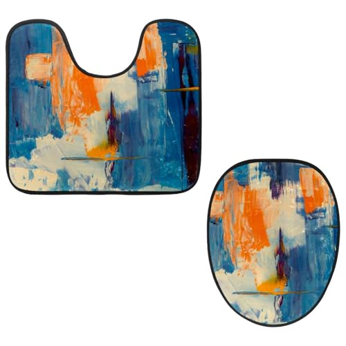 VAPOKF 2-teiliges WC-Vorleger-Set, U-förmige Konturmatte und WC-Deckelbezug, weicher, rutschfester Flanell-Badezimmerteppich, WC-Sitzbezug – Blau-Orange-Weiß-Malerei von VAPOKF