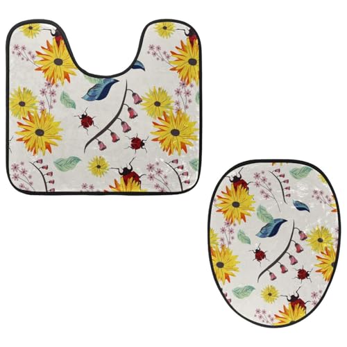 VAPOKF 2-teiliges WC-Vorleger-Set, U-förmige Konturmatte und WC-Deckelbezug, weicher, rutschfester Flanell-Badezimmerteppich, WC-Sitzbezug – Frühlingsgelbe Blumen blühender Marienkäfer von VAPOKF