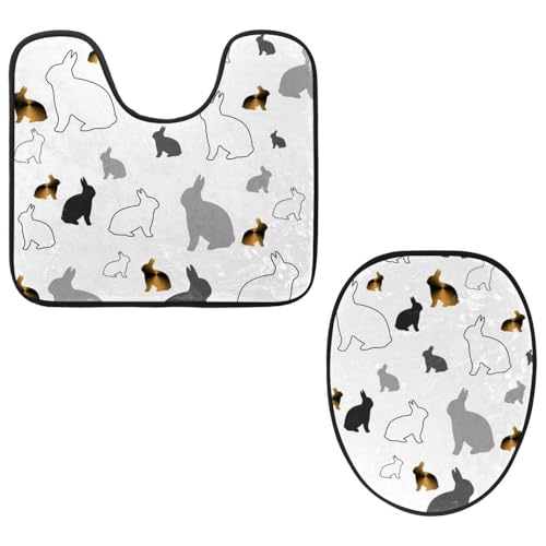VAPOKF 2-teiliges WC-Vorleger-Set, U-förmige Konturmatte und WC-Deckelbezug, weicher, rutschfester Flanell-Badezimmerteppich, WC-Sitzbezug – Goldgrau/Weißer Hase von VAPOKF