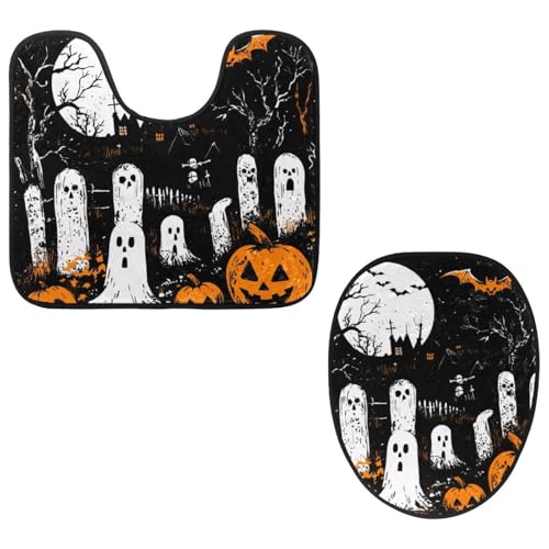 VAPOKF 2-teiliges WC-Vorleger-Set, U-förmige Konturmatte und WC-Deckelbezug, weicher, rutschfester Flanell-Badezimmerteppich, WC-Sitzbezug – Halloween-Grab, toter Baum, Kürbis von VAPOKF