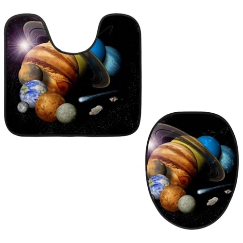 VAPOKF 2-teiliges WC-Vorleger-Set, U-förmige Konturmatte und WC-Deckelbezug, weicher, rutschfester Flanell-Badezimmerteppich, WC-Sitzbezug – Planeten Jupiter Erde Saturn von VAPOKF