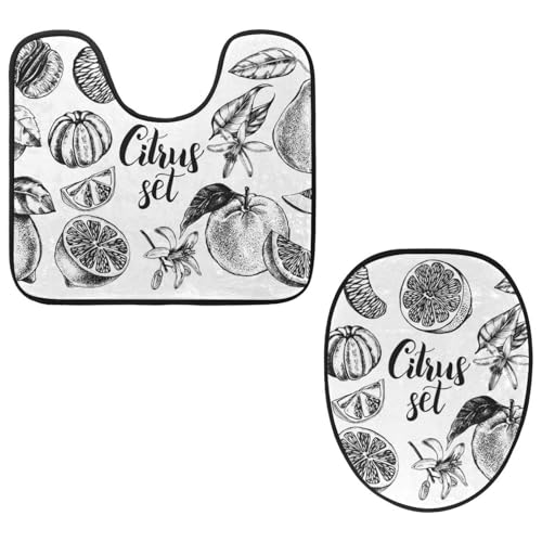 VAPOKF 2-teiliges WC-Vorleger-Set, U-förmige Konturmatte und WC-Deckelbezug, weicher, rutschfester Flanell-Badezimmerteppich, WC-Sitzbezug – Zitrusfrüchte, Tintenmalerei von VAPOKF