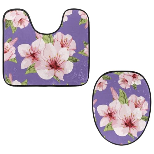 VAPOKF 2-teiliges WC-Vorleger-Set, U-förmige Konturmatte und WC-Deckelbezug, weicher, rutschfester Flanell-Badezimmerteppich, WC-Sitzbezug – handgezeichnete Blume, rosa lila Hintergrund von VAPOKF