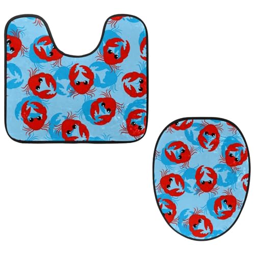 VAPOKF 2-teiliges WC-Vorleger-Set, U-förmige Konturmatte und WC-Deckelbezug, weicher, rutschfester Flanell-Badezimmerteppich, WC-Sitzbezug – rotes Krabbenmuster, blauer Hintergrund von VAPOKF