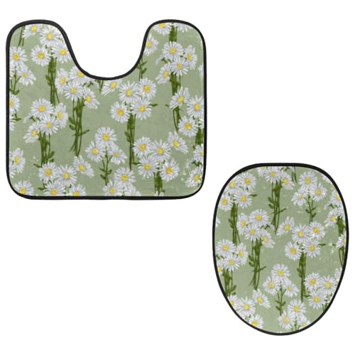 VAPOKF 2-teiliges WC-Vorleger-Set, U-förmige Konturmatte und WC-Deckelbezug, weicher, rutschfester Flanell-Badezimmervorleger, WC-Sitzbezug – Kamillengänseblümchensträuße von VAPOKF