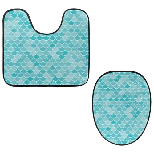 VAPOKF 2-teiliges WC-Vorleger-Set, U-förmige Konturmatte und WC-Deckelbezug, weicher, rutschfester Flanell-Badezimmervorleger, WC-Sitzbezug – Meer-Meerjungfrau-Schuppenmuster, Blau von VAPOKF