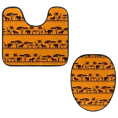 VAPOKF 2-teiliges WC-Vorleger-Set, U-förmige Konturmatte und WC-Deckelbezug, weicher rutschfester Flanell-Badematte, WC-Sitzbezug – Afrika, ethnischer Wildtierdruck von VAPOKF
