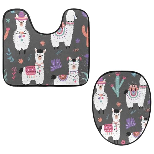 VAPOKF 2-teiliges WC-Vorleger-Set, U-förmige Konturmatte und WC-Deckelbezug, weicher rutschfester Flanell-Badematte, WC-Sitzbezug – Alpaka mit Blumen von VAPOKF