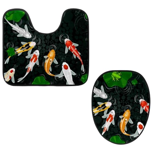 VAPOKF 2-teiliges WC-Vorleger-Set, U-förmige Konturmatte und WC-Deckelbezug, weicher rutschfester Flanell-Badematte, WC-Sitzbezug – Koi-Karpfen und Lotusblatt-Frosch im Teich von VAPOKF