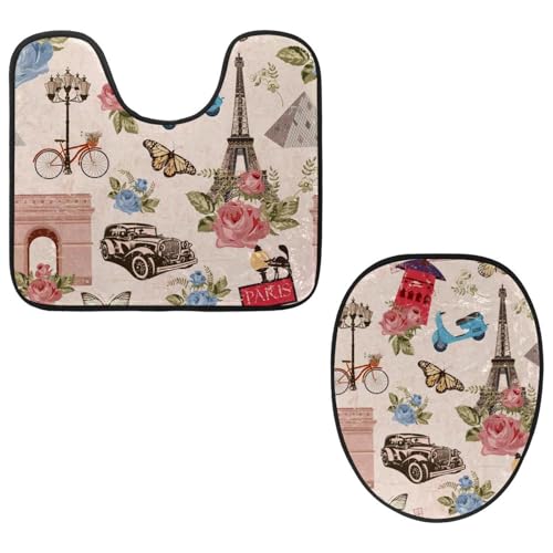 VAPOKF 2-teiliges WC-Vorleger-Set, U-förmige Konturmatte und WC-Deckelbezug, weicher rutschfester Flanell-Badematte, WC-Sitzbezug – Paris Reise mit Rosen und Schmetterling von VAPOKF