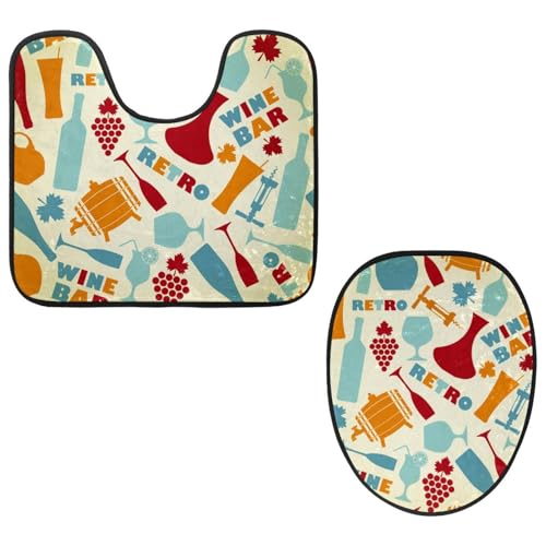 VAPOKF 2-teiliges WC-Vorleger-Set, U-förmige Konturmatte und WC-Deckelbezug, weicher rutschfester Flanell-Badematte, WC-Sitzbezug – Retro-Weinglas-Bar von VAPOKF