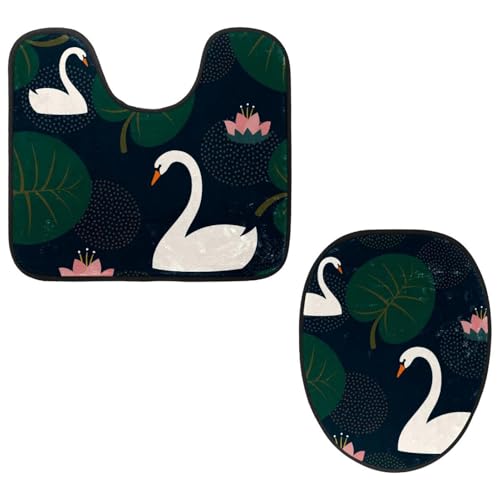 VAPOKF 2-teiliges WC-Vorleger-Set, U-förmige Konturmatte und WC-Deckelbezug, weicher rutschfester Flanell-Badematte, WC-Sitzbezug – Schwan im Lotus-Teich von VAPOKF