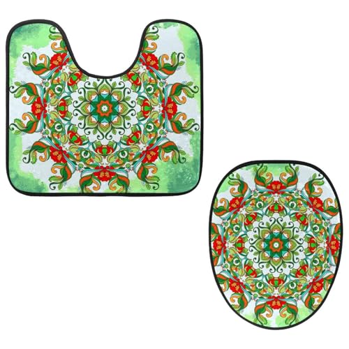 VAPOKF 2-teiliges WC-Vorleger-Set, U-förmige Konturmatte und WC-Deckelbezug, weicher rutschfester Flanell-Badematte, WC-Sitzbezug – grünes Trippy-Mandala-Blumenmuster von VAPOKF