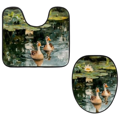 VAPOKF 2-teiliges WC-Vorleger-Set, U-förmige Konturmatte und WC-Deckelbezug, weicher rutschfester Flanell-Badematte, WC-Sitzbezug – indische Läuferenten auf Lotus-Teich VAPOKF 2-teiliges WC-Vorleger-Set, U-förmige Konturmatte und WC-Deckelbezug, weicher rutschfester Flanell-Badematte, WC-Sitzbezug – indische Läuferenten auf Lotus-Teich von VAPOKF