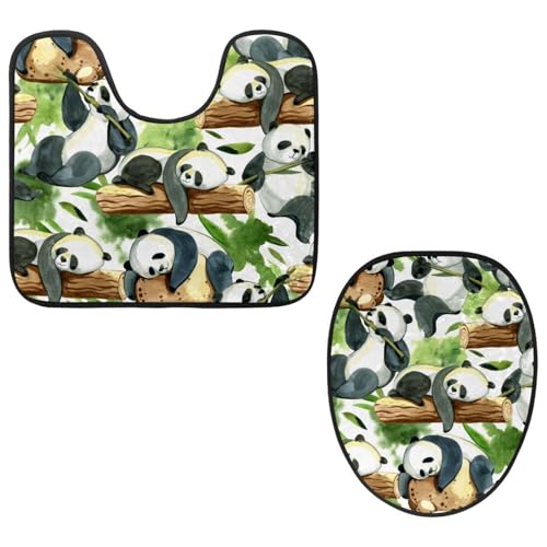 VAPOKF 2-teiliges WC-Vorleger-Set, U-förmige Konturmatte und WC-Deckelbezug, weicher rutschfester Flanell-Badematte, WC-Sitzbezug – niedlicher Panda, Klammern auf Holz von VAPOKF