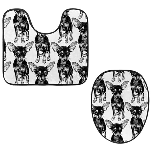 VAPOKF 2-teiliges WC-Vorleger-Set, U-förmige Konturmatte und WC-Deckelbezug, weicher rutschfester Flanell-Badematte, WC-Sitzbezug – schwarzer Chihuahua-Hund von VAPOKF