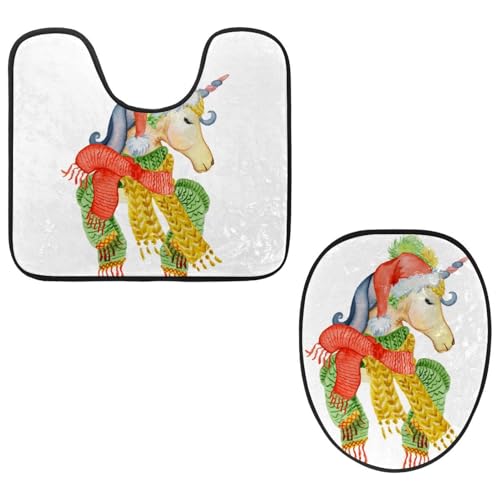 VAPOKF 2-teiliges WC-Vorleger-Set, U-förmige Konturmatte und WC-Deckelbezug, weicher rutschfester Flanell-Badezimmermatte, WC-Sitzbezug – Einhorn mit Weihnachtsmütze, Winterschal von VAPOKF