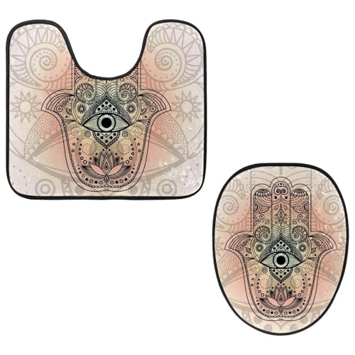 VAPOKF 2-teiliges WC-Vorleger-Set, U-förmige Konturmatte und WC-Deckelbezug, weicher rutschfester Flanell-Badezimmermatte, WC-Sitzbezug – Hamsa-Hand-Symbol Stärke Glück von VAPOKF