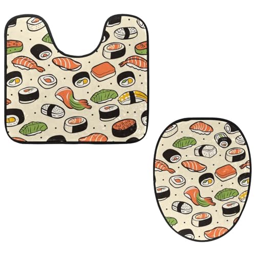 VAPOKF 2-teiliges WC-Vorleger-Set, U-förmige Konturmatte und WC-Deckelbezug, weicher rutschfester Flanell-Badezimmerteppich, WC-Sitzbezug, Lachs- und Sushi-Rollen von VAPOKF