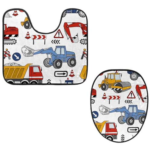 VAPOKF 2-teiliges WC-Vorleger-Set, U-förmige Konturmatte und WC-Deckelbezug, weicher rutschfester Flanell-Badezimmerteppich, WC-Sitzbezug – Bauwagen und Bulldozer von VAPOKF