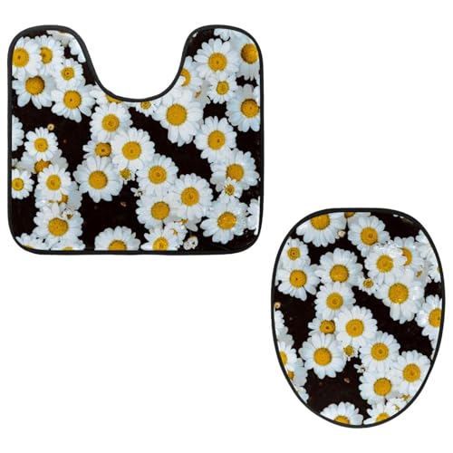 VAPOKF 2-teiliges WC-Vorleger-Set, U-förmige Konturmatte und WC-Deckelbezug, weicher rutschfester Flanell-Badezimmerteppich, WC-Sitzbezug – Blumen, Kamille, Gänseblümchen von VAPOKF