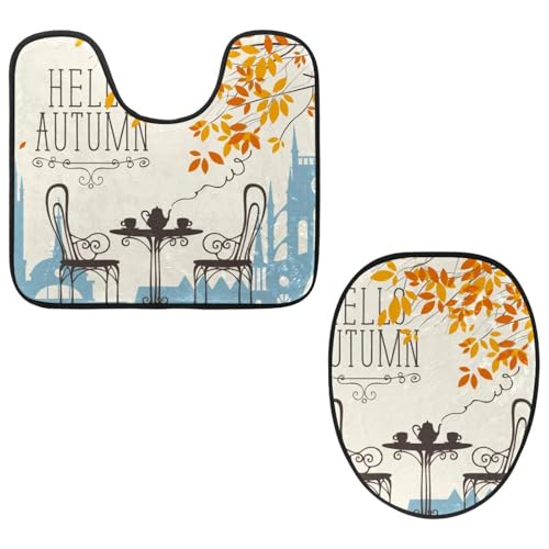 VAPOKF 2-teiliges WC-Vorleger-Set, U-förmige Konturmatte und WC-Deckelbezug, weicher rutschfester Flanell-Badezimmerteppich, WC-Sitzbezug – Couchtisch im Herbst von VAPOKF