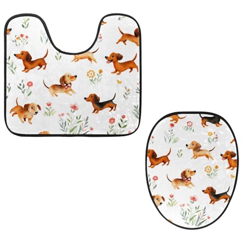 VAPOKF 2-teiliges WC-Vorleger-Set, U-förmige Konturmatte und WC-Deckelbezug, weicher rutschfester Flanell-Badezimmerteppich, WC-Sitzbezug – Dackel laufen mit Blumen VAPOKF 2-teiliges WC-Vorleger-Set, U-förmige Konturmatte und WC-Deckelbezug, weicher rutschfester Flanell-Badezimmerteppich, WC-Sitzbezug – Dackel laufen mit Blumen von VAPOKF