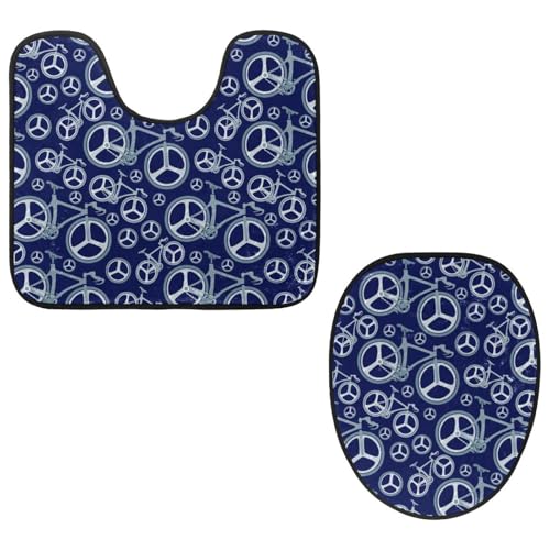 VAPOKF 2-teiliges WC-Vorleger-Set, U-förmige Konturmatte und WC-Deckelbezug, weicher rutschfester Flanell-Badezimmerteppich, WC-Sitzbezug – Fahrräder und Räder auf Blau von VAPOKF
