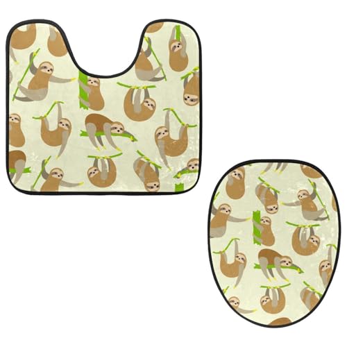 VAPOKF 2-teiliges WC-Vorleger-Set, U-förmige Konturmatte und WC-Deckelbezug, weicher rutschfester Flanell-Badezimmerteppich, WC-Sitzbezug – Faultiere, Kletter-Rattan von VAPOKF