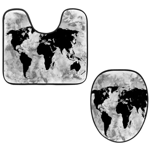 VAPOKF 2-teiliges WC-Vorleger-Set, U-förmige Konturmatte und WC-Deckelbezug, weicher rutschfester Flanell-Badezimmerteppich, WC-Sitzbezug – Grunge Weltkarte von VAPOKF