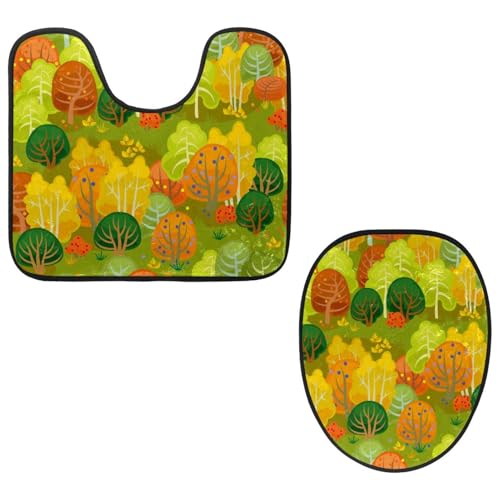 VAPOKF 2-teiliges WC-Vorleger-Set, U-förmige Konturmatte und WC-Deckelbezug, weicher rutschfester Flanell-Badezimmerteppich, WC-Sitzbezug – Herbstlaub-Baum-Muster von VAPOKF