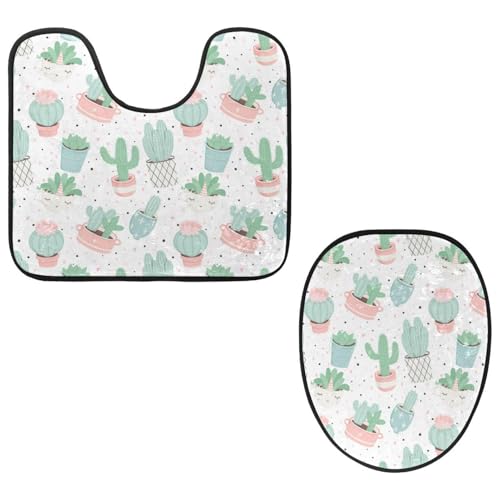 VAPOKF 2-teiliges WC-Vorleger-Set, U-förmige Konturmatte und WC-Deckelbezug, weicher rutschfester Flanell-Badezimmerteppich, WC-Sitzbezug – Kaktus und Sukkulenten im Topf von VAPOKF