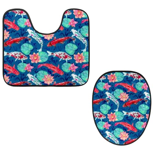 VAPOKF 2-teiliges WC-Vorleger-Set, U-förmige Konturmatte und WC-Deckelbezug, weicher rutschfester Flanell-Badezimmerteppich, WC-Sitzbezug – Karpfen im Lotus-Teich von VAPOKF