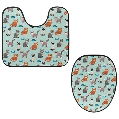 VAPOKF 2-teiliges WC-Vorleger-Set, U-förmige Konturmatte und WC-Deckelbezug, weicher rutschfester Flanell-Badezimmerteppich, WC-Sitzbezug – Katzen mit Futternäpfen von VAPOKF