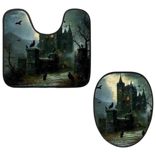 VAPOKF 2-teiliges WC-Vorleger-Set, U-förmige Konturmatte und WC-Deckelbezug, weicher rutschfester Flanell-Badezimmerteppich, WC-Sitzbezug – Krähen auf altem Schloss von VAPOKF