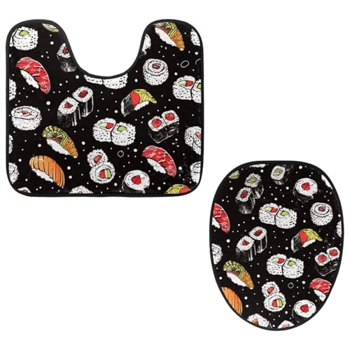 VAPOKF 2-teiliges WC-Vorleger-Set, U-förmige Konturmatte und WC-Deckelbezug, weicher rutschfester Flanell-Badezimmerteppich, WC-Sitzbezug – Lachs-Sushi-Futomaki-Rollen von VAPOKF